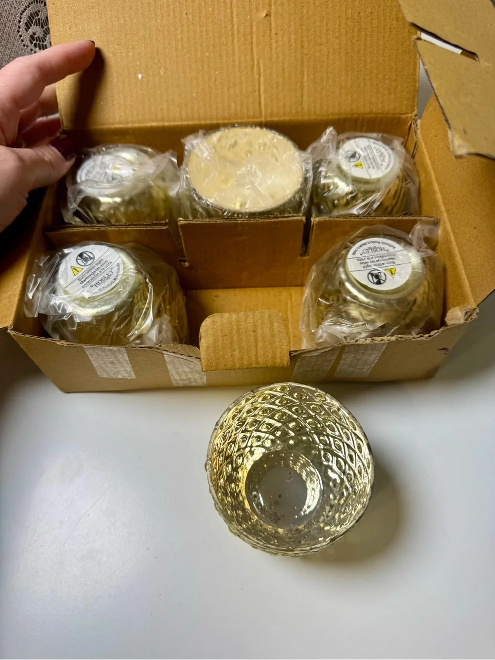 Hosley Set of 6 Antique Gold Mercury Glass, Votive Candle Holders, Mini Pots